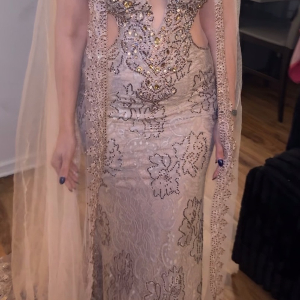 Elegant Beaded Nude Evening Gown